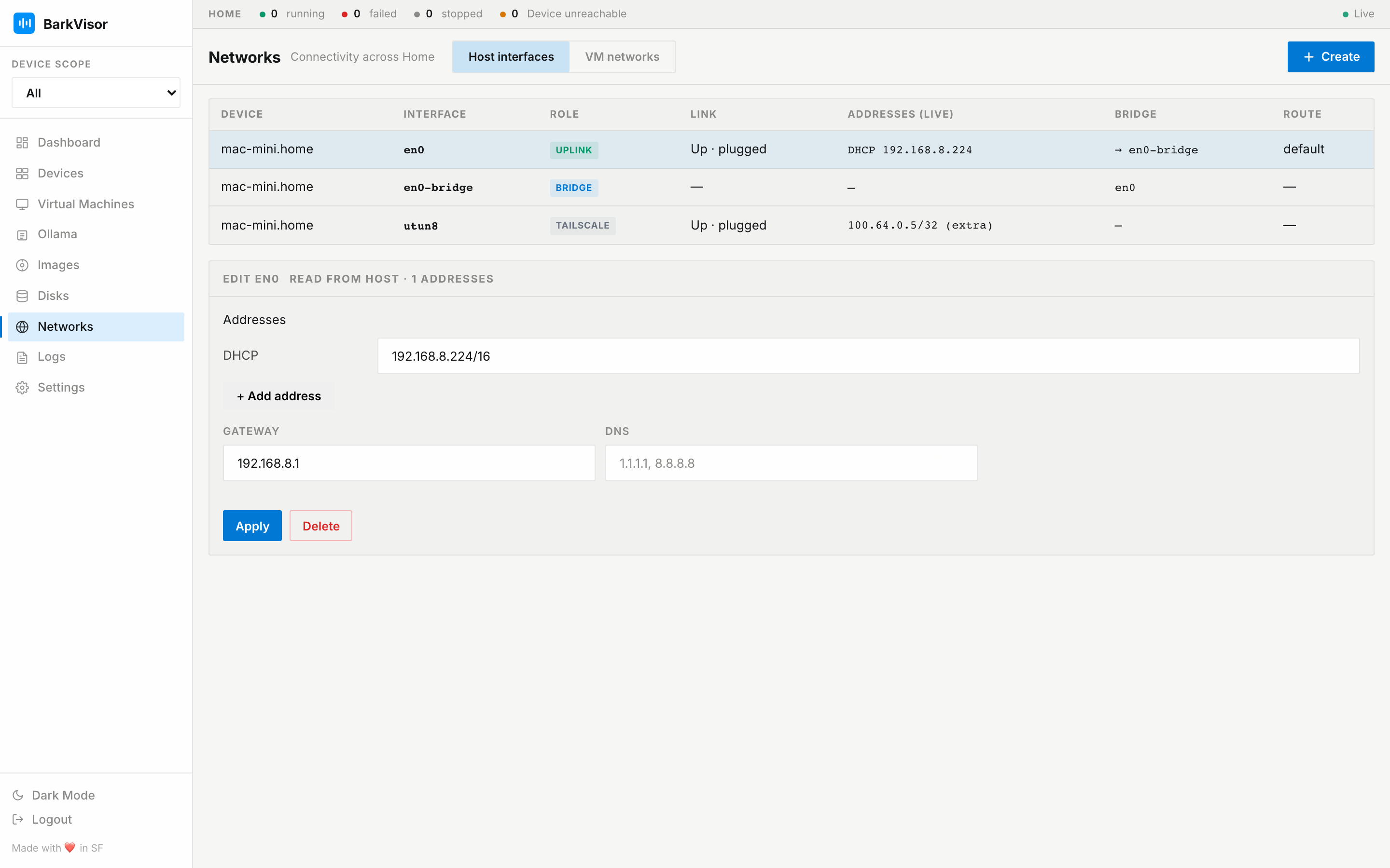 Networks Host interfaces tab