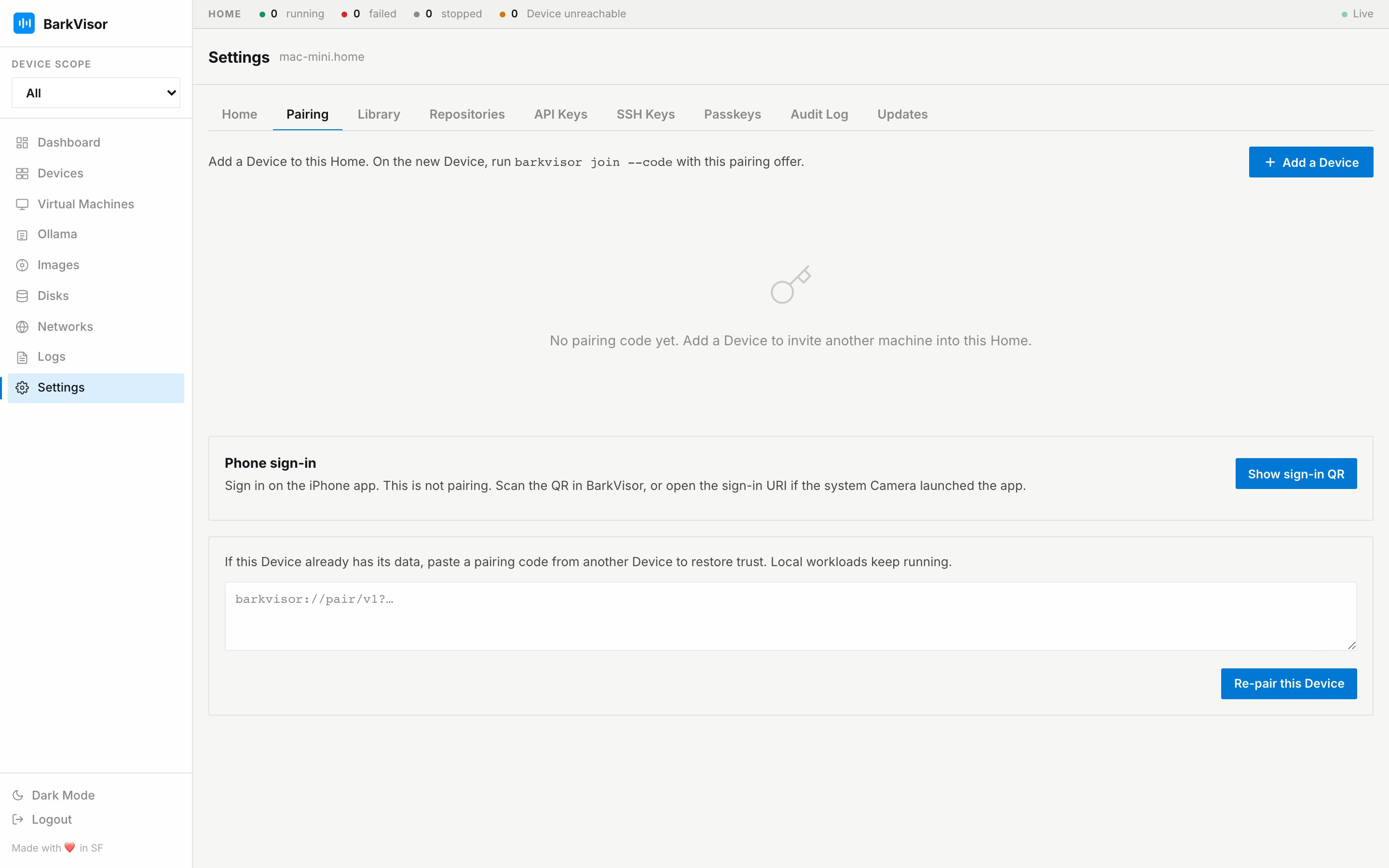 Settings Pairing tab