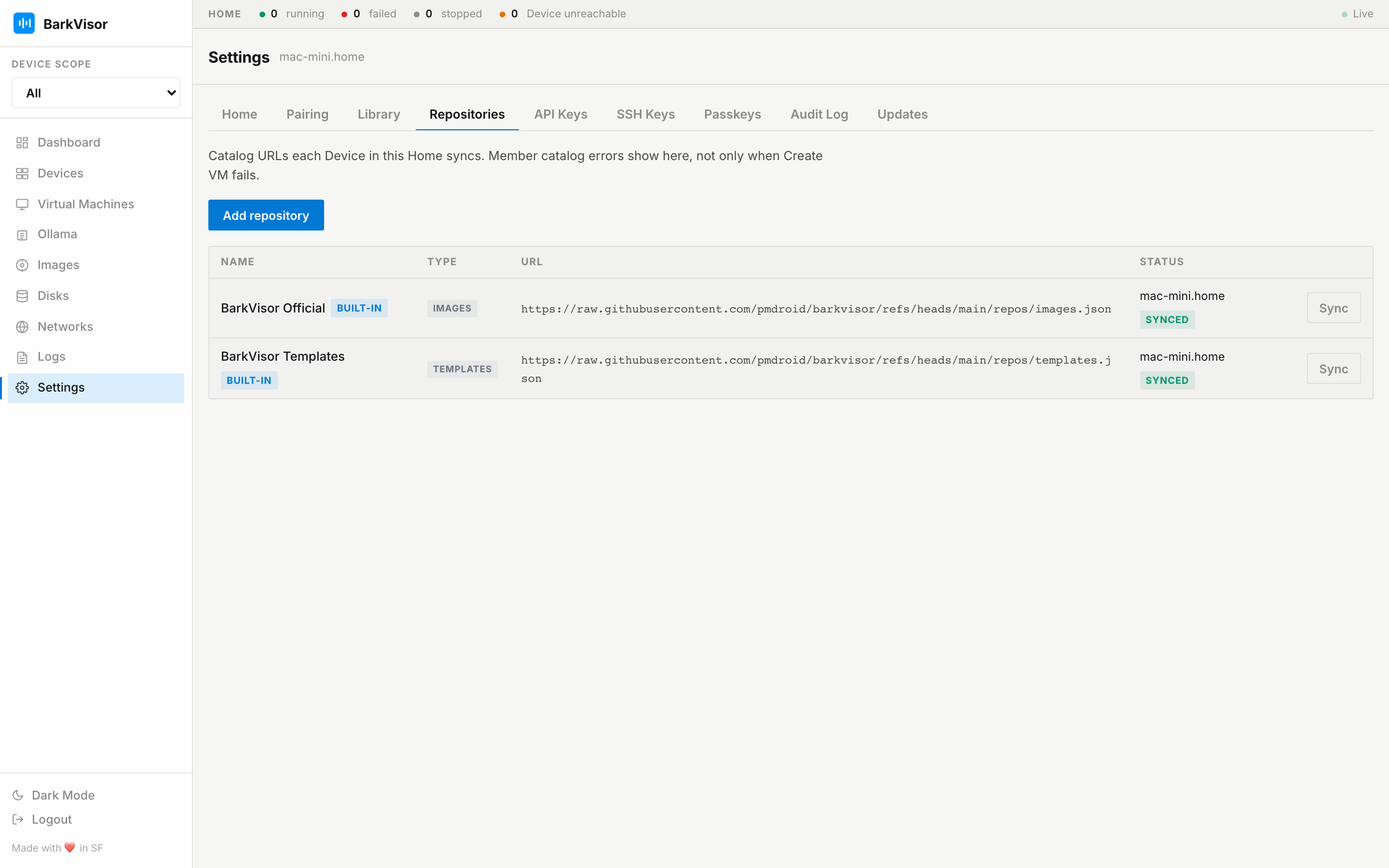 Settings Repositories tab