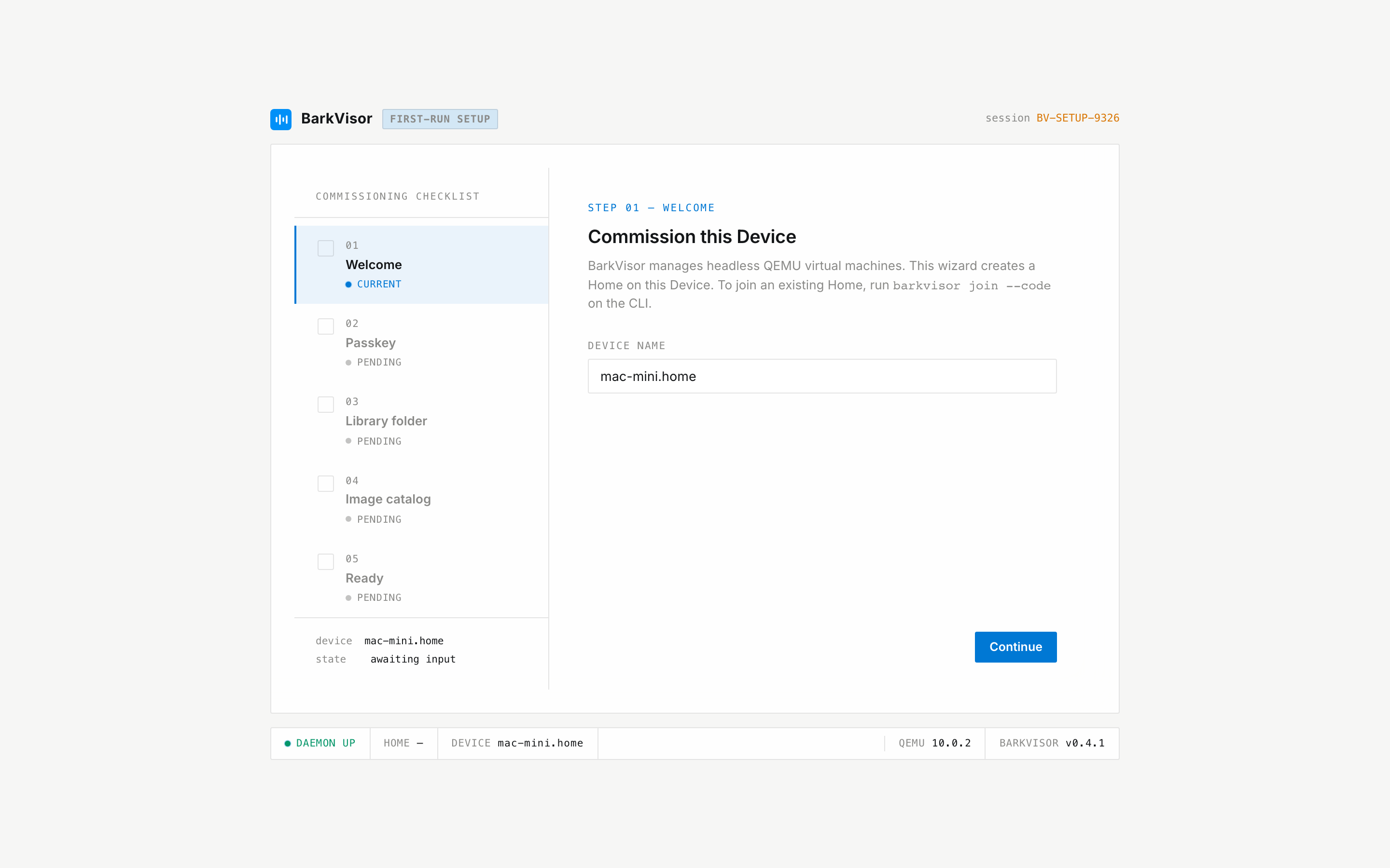 Setup welcome screen